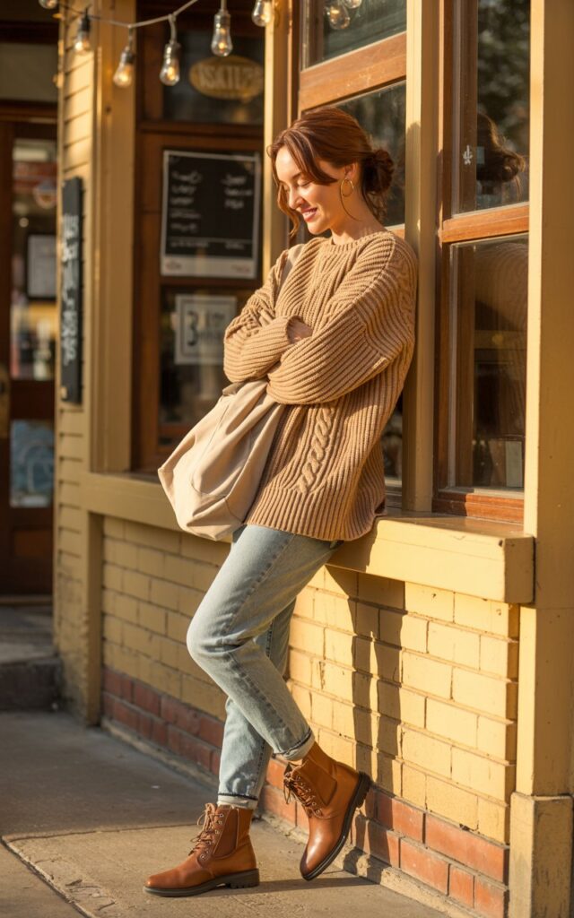 Full-body view of a white-skinned woman leaning against a rustic café exterior during golden hour. She wears a chunky oversized beige knit sweater, medium-wash skinny jeans, ankle boots, and a slouchy tote bag. Hair is in a messy low bun with loose strands framing her face. Warm golden light highlights the texture of the sweater. Her pose is soft and cozy, arms lightly crossed, expression warm and content.