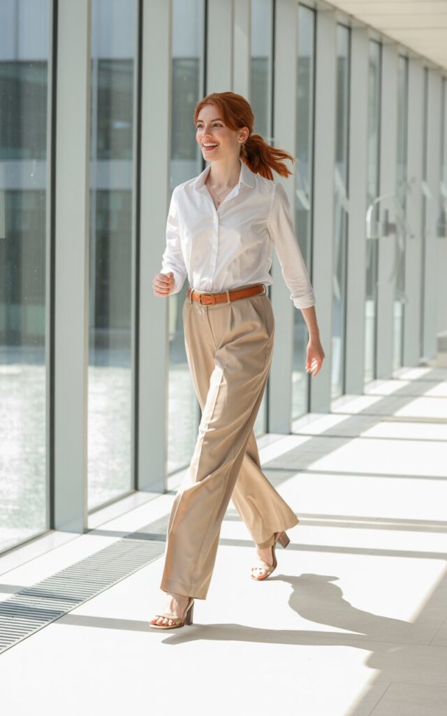 Full-body view of a white-skinned woman walking down a bright office corridor. She wears a crisp white button-up shirt tucked into beige wide-leg trousers with a thin leather belt and block heels. Natural daylight streams through the windows. Her expression is fresh and focused, hair in a loose ponytail.