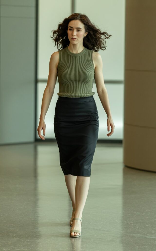 Full-body view of a white-skinned woman with dark waves, wearing a ribbed olive vest tucked into a black midi pencil skirt and block-heel sandals. Office hallway with muted indoor lighting. She walks forward, arms relaxed at her sides. Clean editorial realism.