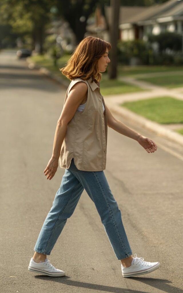 Full-body view of a white-skinned woman with shoulder-length chestnut hair, wearing a simple beige vest, classic blue jeans, and white sneakers. Captured on a quiet suburban street during afternoon natural daylight. She walks casually, hands swinging naturally. Effortless and real.