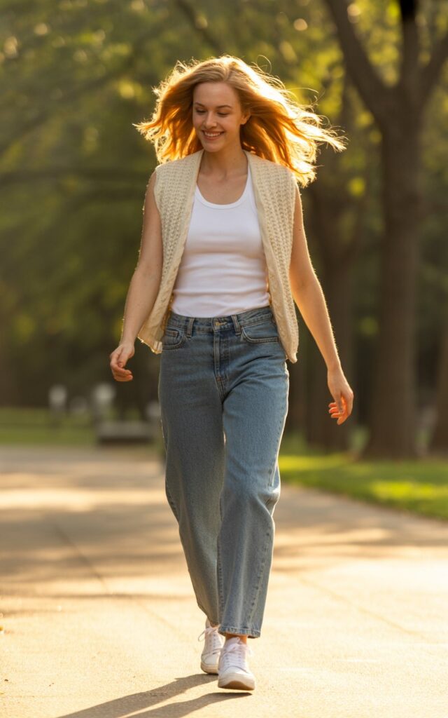 Full-body view of a white-skinned woman with wavy blonde hair, wearing a cream knit vest over a fitted tank top and straight-leg medium-wash jeans paired with white sneakers. She strolls through a sunlit park path with trees softly blurred in the background. Golden-hour lighting creates warm highlights. Candid walking pose with a relaxed, natural smile.