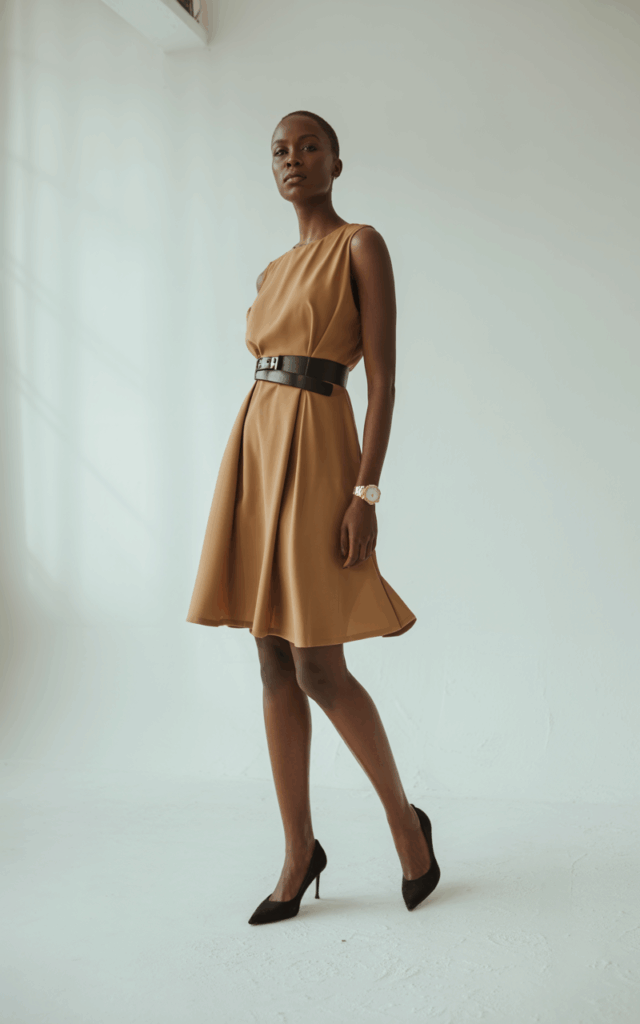 Model in a minimalist studio setup, wearing a camel-colored shift dress cinched at the waist with a black belt. Full-body shot under soft diffused light. She pairs it with black pumps and a simple wristwatch. Standing confidently, one foot slightly forward, gaze direct but gentle.