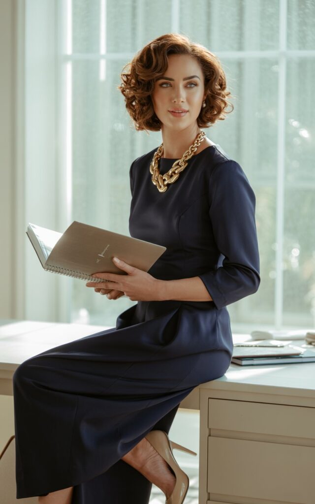 Model photographed indoors under soft window light wearing a solid navy dress with a chunky gold statement necklace. She stands elegantly beside a white desk, holding a notebook. Nude pumps complete the look. Her smile is warm and genuine, hair styled in soft curls.