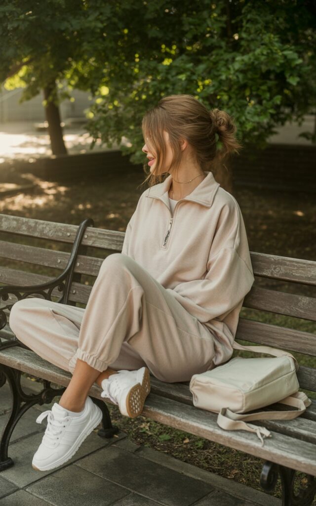 Model seated casually on a park bench, wearing a cream quarter-zip pullover and matching track pants. Loose bun, white sneakers, and a tote bag by her side. Early morning sunlight filtering through trees for a cozy, relaxed atmosphere.
