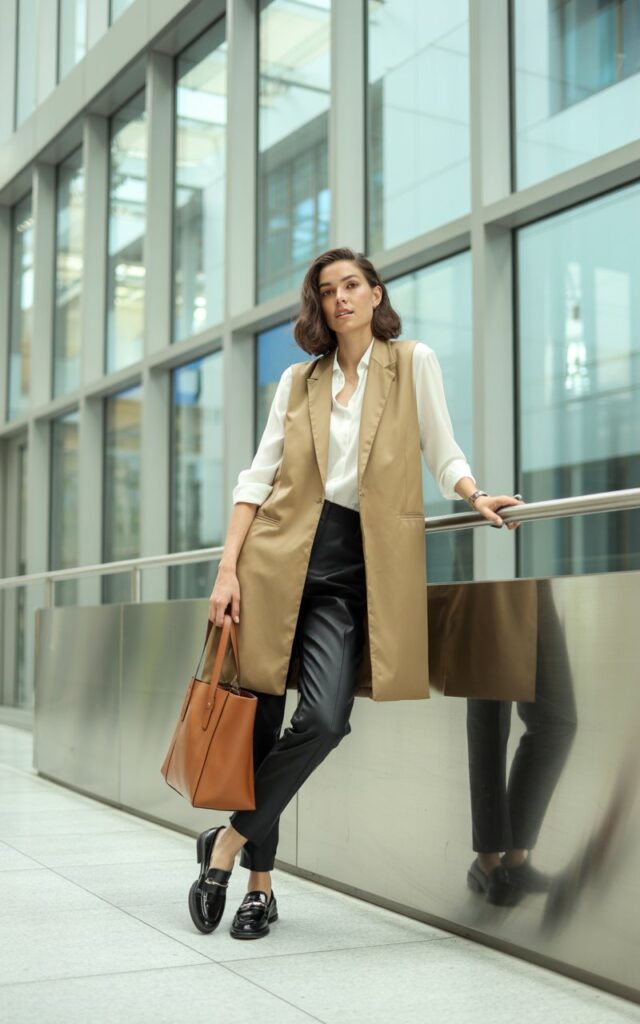Model stands in a modern corporate lobby, wearing a beige longline vest over a white blouse and black tailored pants. The outfit is completed with loafers and a structured tote. Bright daylight from glass windows. She’s leaning casually against a railing, expression poised and modern.