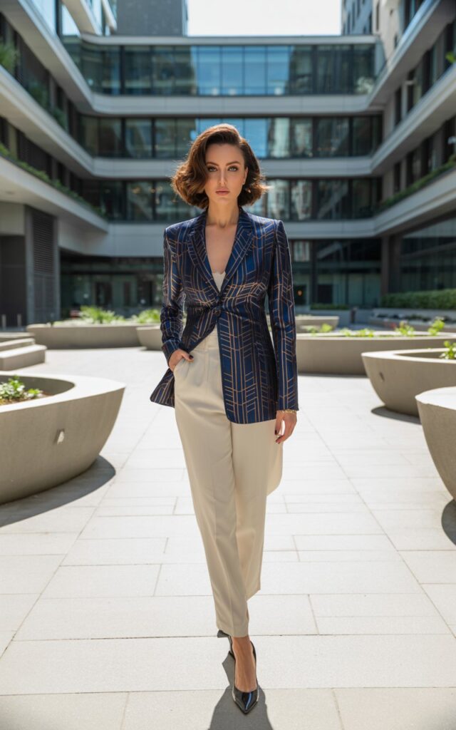 Model stands in a modern urban courtyard under bright daylight. She wears a bold patterned statement jacket with cream tailored trousers and black pumps. Hair styled in a chic bob, makeup minimal. She’s mid-walk, looking to the side with a confident half-smile.