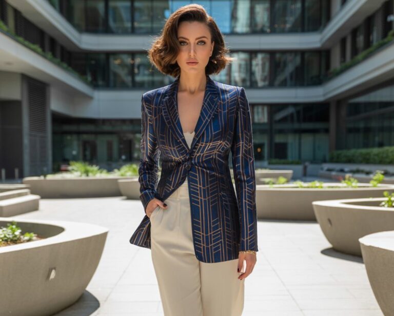 Model stands in a modern urban courtyard under bright daylight. She wears a bold patterned statement jacket with cream tailored trousers and black pumps. Hair styled in a chic bob, makeup minimal. She’s mid-walk, looking to the side with a confident half-smile.