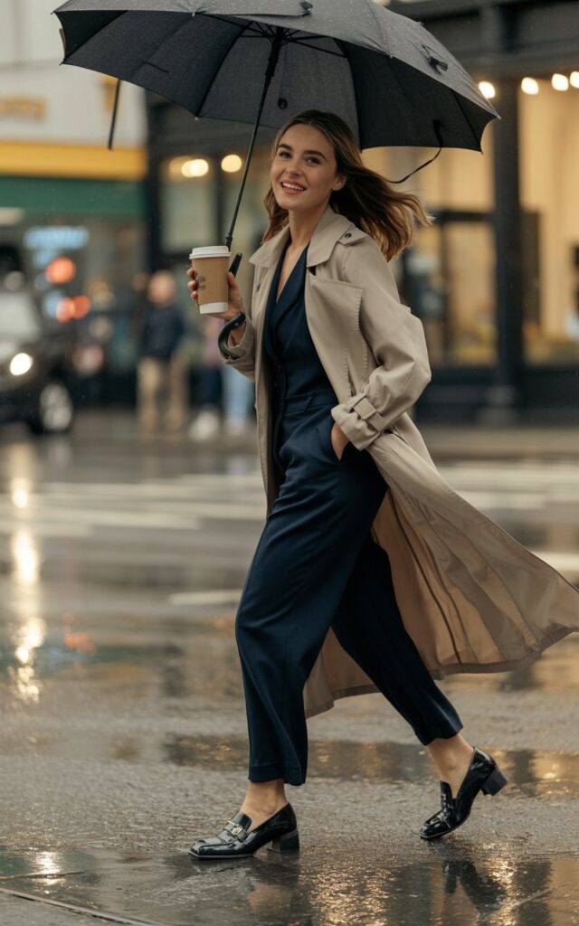 Model stands on a rainy street holding a coffee cup under an umbrella. She wears a beige trench coat layered over a navy jumpsuit and block-heeled loafers. Natural diffused lighting, soft reflections on wet pavement. She’s mid-step, smiling, with wind tousling her hair.