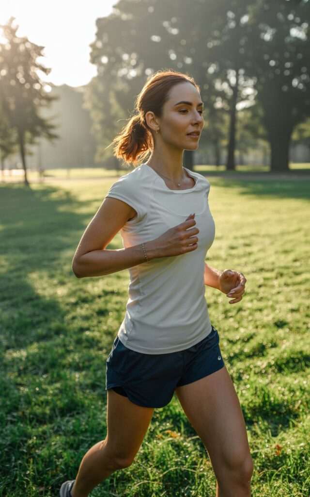 Morning park scene with green grass and sunrise light. Model wears a fitted white top and navy running shorts, minimal jewelry, and low ponytail. She’s stretching or mid-step in movement. Natural glow and soft realism.