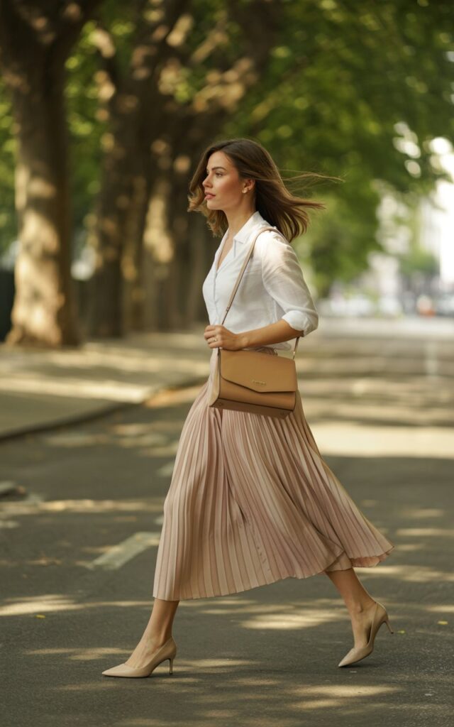 Outdoor daylight shot of a model on a tree-lined street wearing a white tucked-in blouse with a blush pink pleated midi skirt. She’s carrying a tan crossbody bag and wearing kitten heels. Her pose is walking naturally, hair blowing slightly in the breeze. Soft, elegant expression.