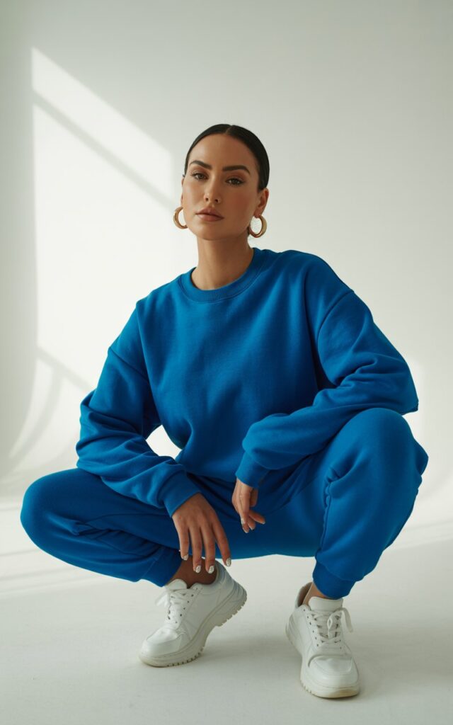 Studio backdrop with clean minimalism. Model stands confidently wearing a cobalt blue sweat set and chunky sneakers. Hoop earrings and sleek bun. Soft, even lighting highlights the color and fabric texture.
