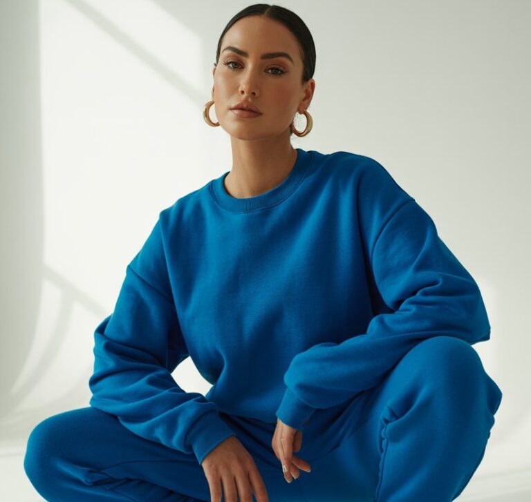 Studio backdrop with clean minimalism. Model stands confidently wearing a cobalt blue sweat set and chunky sneakers. Hoop earrings and sleek bun. Soft, even lighting highlights the color and fabric texture.