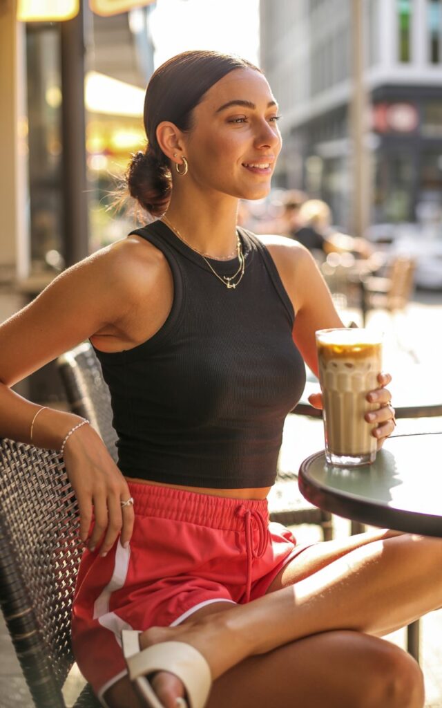 Urban café patio. Model in a black mock-neck tank and red track shorts, gold jewelry, and slides. Hair in a sleek ponytail, relaxed pose with iced latte. Soft golden-hour light highlighting her features.