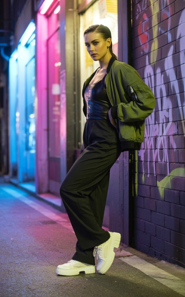 Urban night setting with neon lights. Model wears a black fitted jumpsuit and olive bomber jacket, chunky sneakers, and slicked-back hair. Confident pose against a graffiti wall. Soft cinematic lighting for an edgy sporty aesthetic.