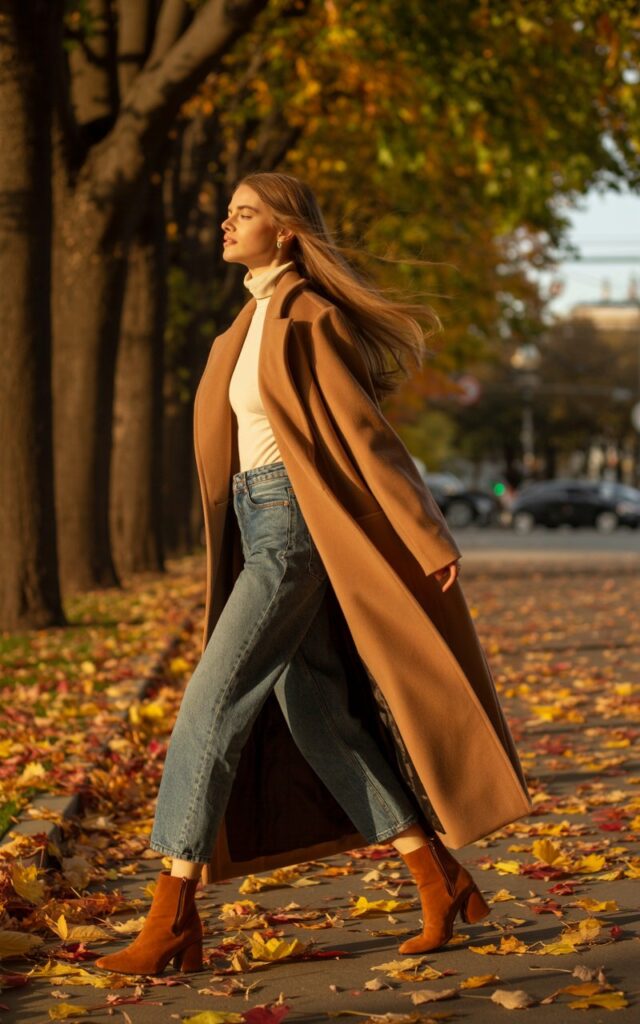 White-skinned female model with long flowing hair walks along a fall sidewalk covered in leaves. She wears a camel longline coat over a turtleneck and jeans with suede boots. Golden-hour sunlight filters through trees. Her coat sways slightly as she walks, giving a cinematic motion effect.