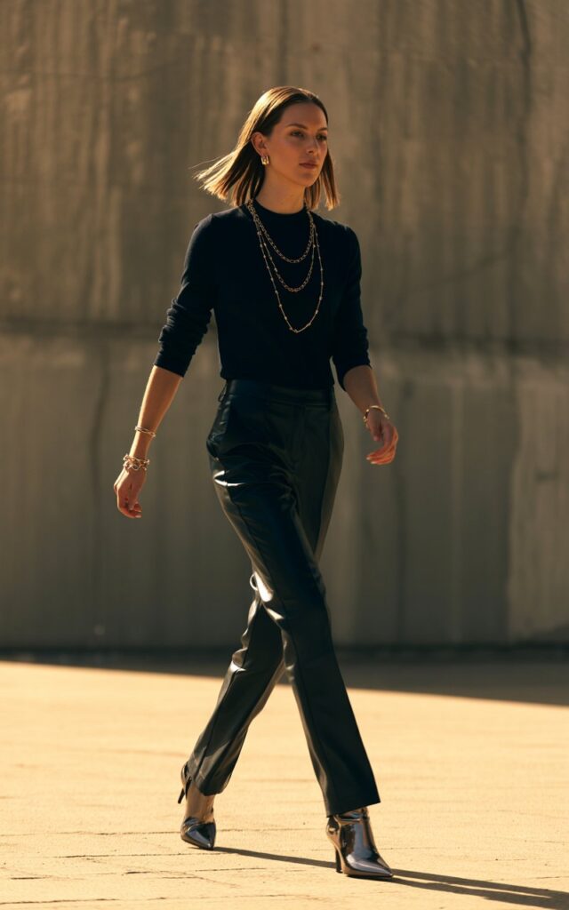 White-skinned female model with straight shoulder-length hair stands against a moody, modern concrete backdrop. She wears an all-black ensemble — fitted top, slim trousers, and heeled boots — with layered gold jewelry. Dramatic golden-hour lighting enhances contrast. She’s walking forward with serious, confident energy.