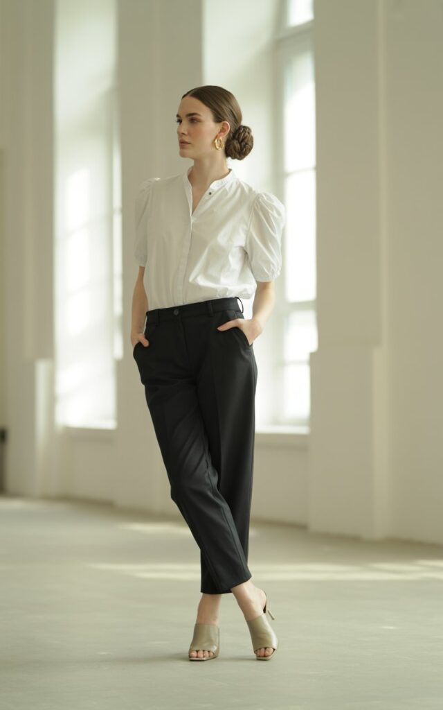White-skinned model with elegant updo poses in an airy indoor space. She wears a puff-sleeve white blouse tucked into cropped black trousers, paired with small gold hoops and heeled mules. Soft window light illuminates her outfit. Her expression is composed yet friendly, hands gently in pockets.