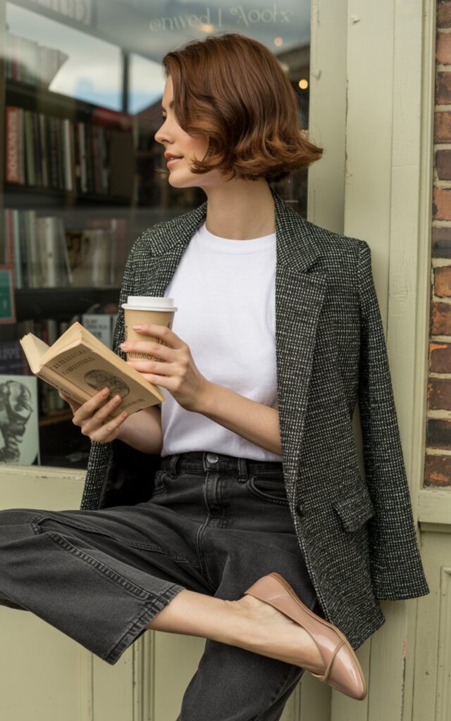 White-skinned model with side-parted shoulder-length hair poses near a bookstore entrance. She wears a fitted tweed jacket over a white tee and straight-leg jeans, paired with ballet flats. Natural daylight, slightly overcast. She’s holding a coffee and book, looking stylishly effortless.