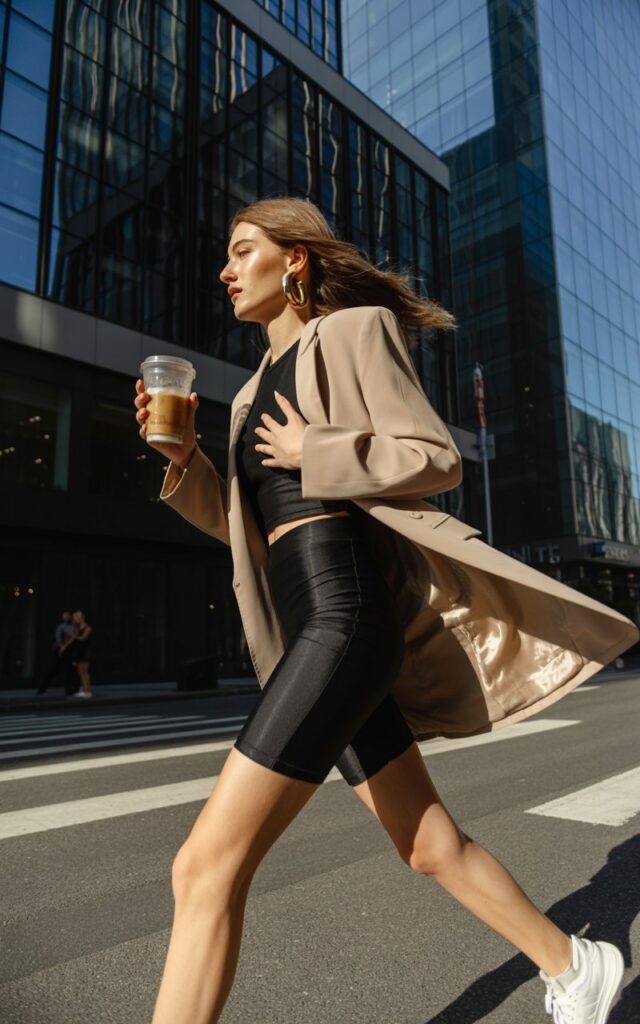 Editorial shot of a stylish model in black biker shorts and a beige oversized blazer. Setting: modern city street with glass buildings. She’s mid-stride, holding an iced coffee, with gold hoops and white sneakers. Natural daylight with sharp shadows for a city-chic vibe.