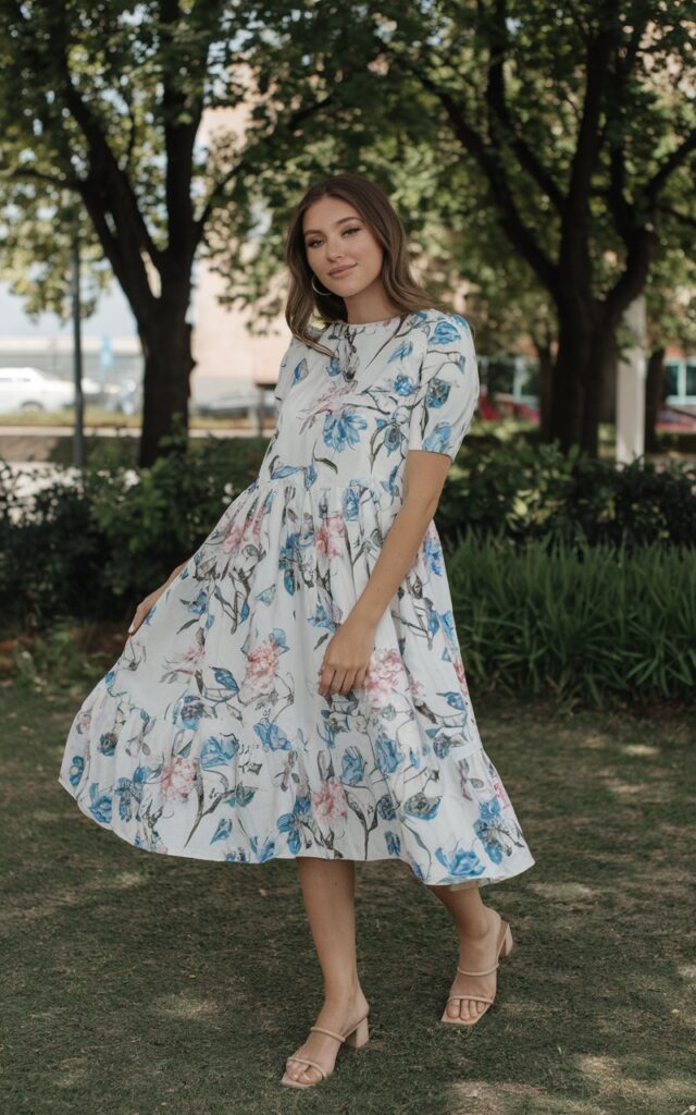 A natural-looking young woman wearing a babydoll dress paired with minimalist sandals. Theme girly summer outfits