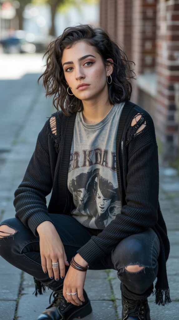 A natural-looking young woman wearing a band tee layered under a distressed black cardigan. Theme emo outfits