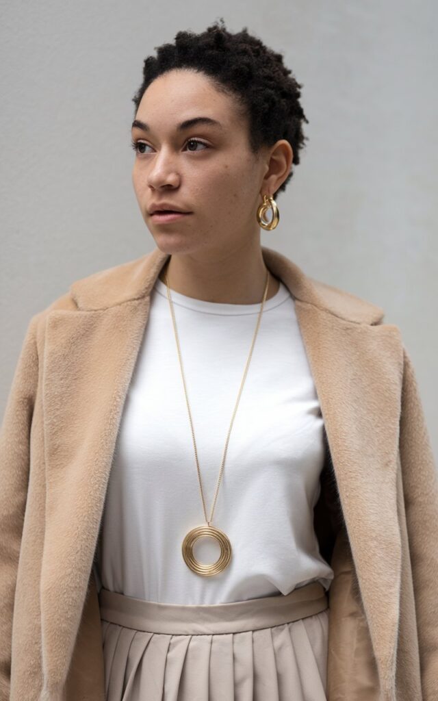 A natural-looking young woman wearing a basic outfit elevated with statement accessories. Theme fashion inspo outfits