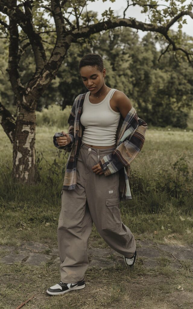 A natural-looking young woman wearing a basic tank top paired with relaxed cargo pants and sneakers. Theme tomboy outfits