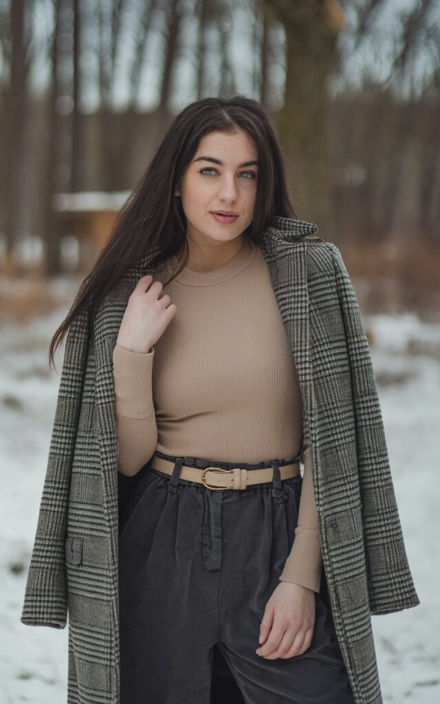 A natural-looking young woman wearing a basic thermal top styled with a statement belt and a structured winter coat. Theme winter fashion outfits