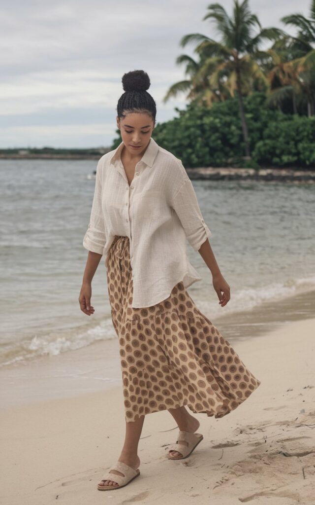 A natural-looking young woman wearing a beach outfit made from lightweight, flowing fabrics. Theme beach outfits