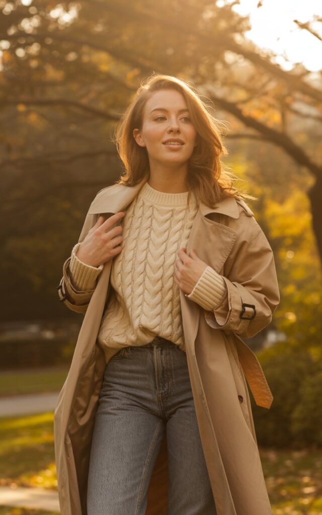 A natural-looking young woman wearing a belted trench coat layered over a casual knit and slim pants. Theme casual fall outfits