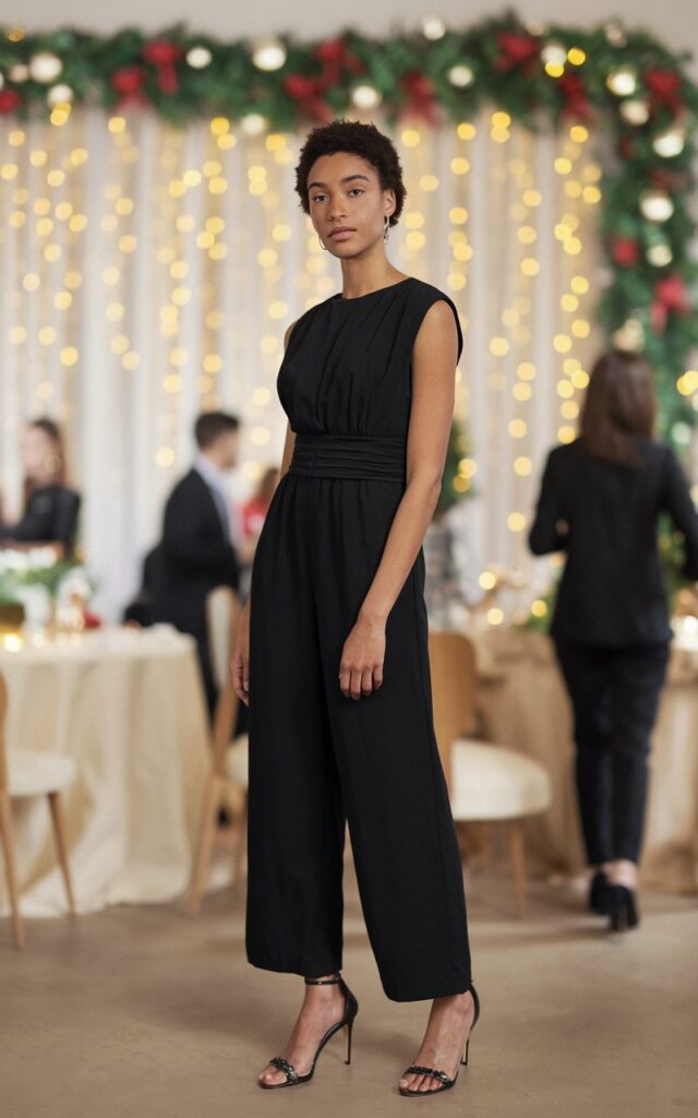 A natural-looking young woman wearing a black jumpsuit with a cinched waist and elegant heels. Theme holiday party outfit
