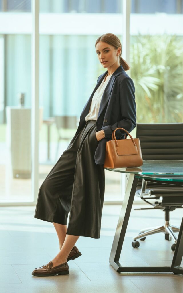 A natural-looking young woman wearing a blazer and culottes combo paired with loafers. Theme business casual outfits