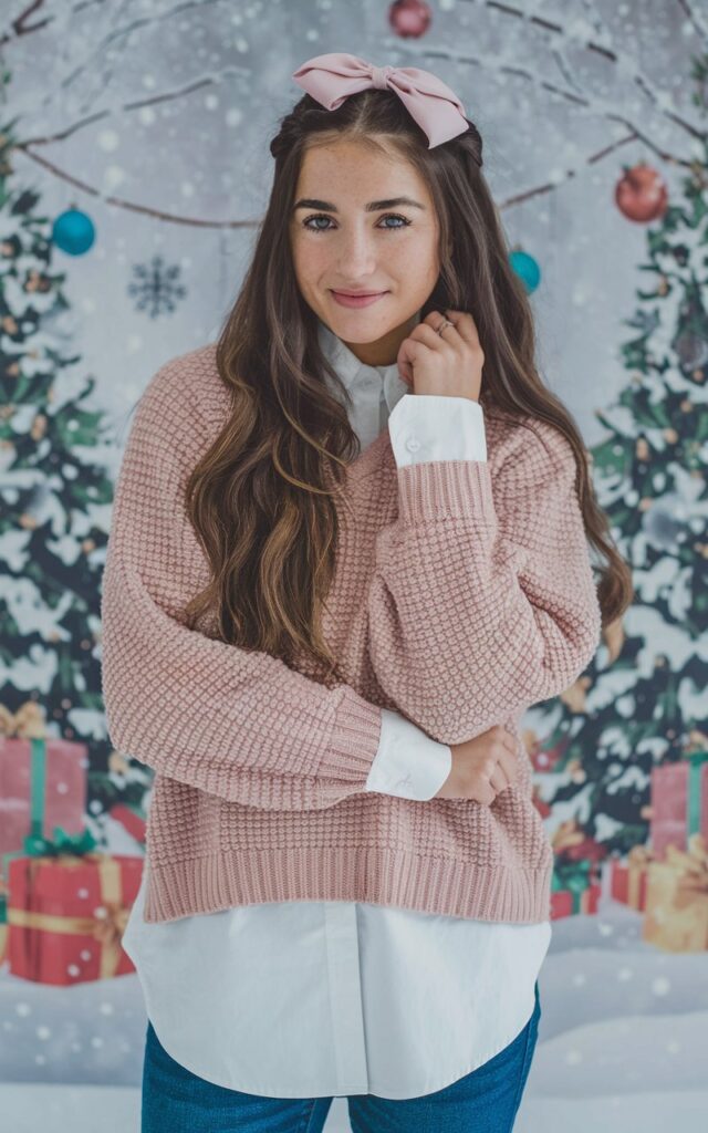 A natural-looking young woman wearing a blush knit sweater layered over a crisp white button-down with jeans. Theme pink christmas outfit