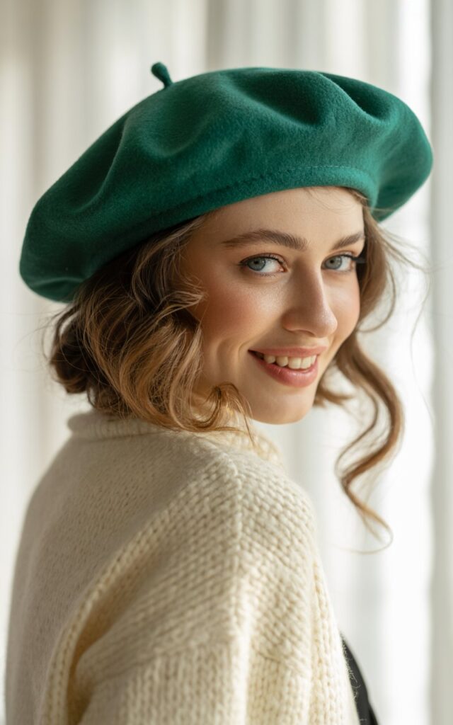 A natural-looking young woman wearing a bold statement hat, like a bucket hat or beret. Theme quirky fashion