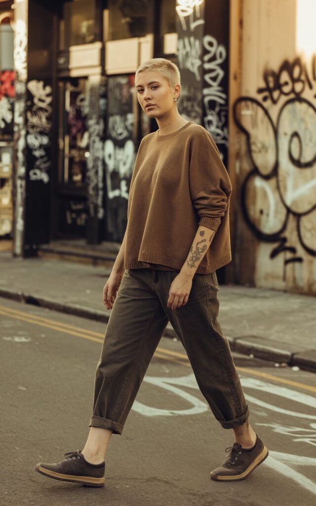 A natural-looking young woman wearing a boxy sweater paired with cuffed chinos and casual shoes. Theme tomboy outfits