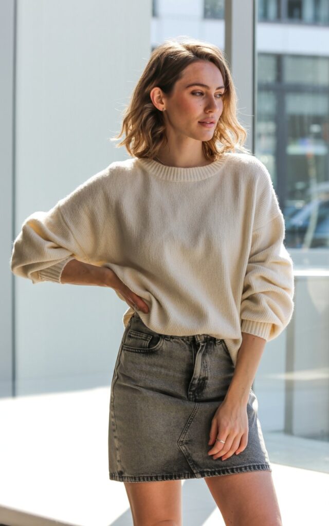 A natural-looking young woman wearing a boxy top balanced with a fitted jean skirt silhouette. Theme jean skirt outfits