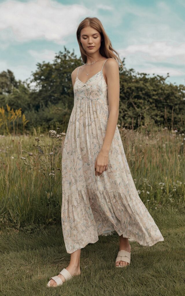 A natural-looking young woman wearing a breezy maxi dress made from lightweight fabric. Theme cute summer outfits