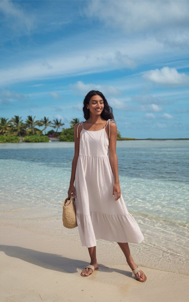 A natural-looking young woman wearing a breezy white sundress with delicate straps. Theme beach outfits