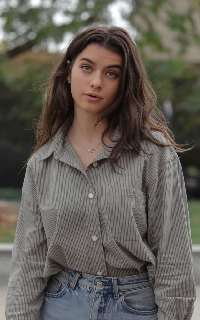 A natural-looking young woman wearing a button-down shirt half-tucked into classic jeans. Theme fashion inspo outfits