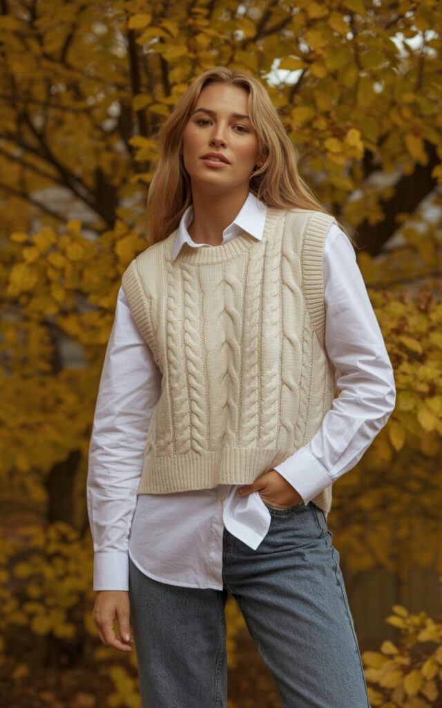 A natural-looking young woman wearing a button-down shirt layered under a sleeveless sweater with jeans. Theme casual fall outfits