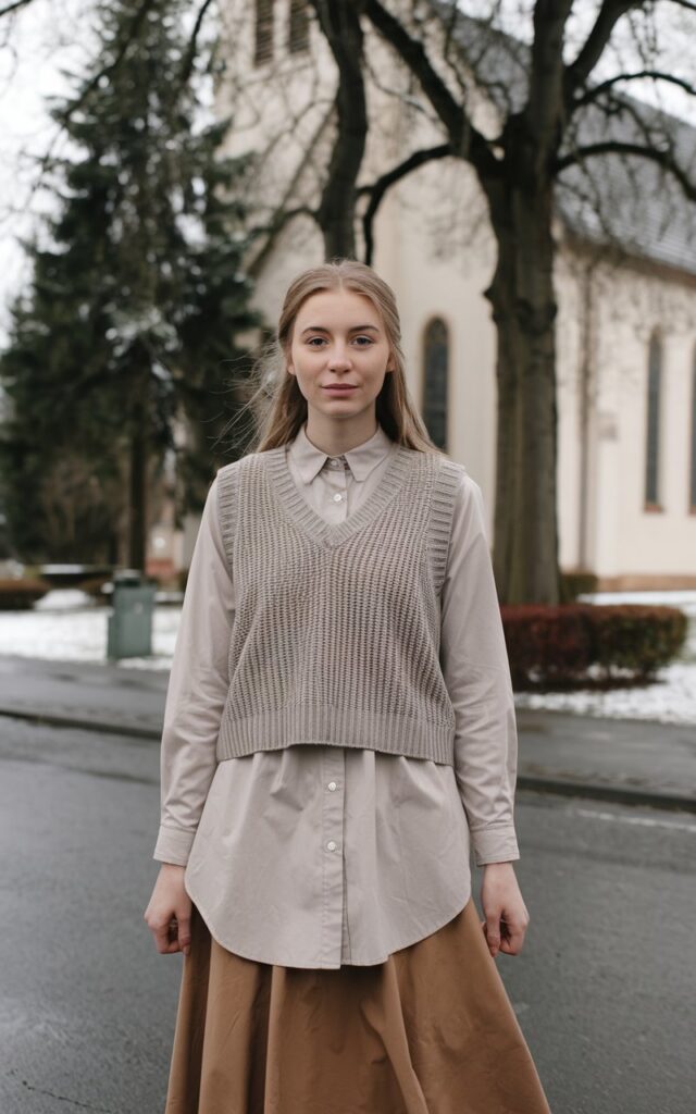 A natural-looking young woman wearing a button-down shirt layered with a sweater vest and a midi skirt. Theme church winter outfit.
