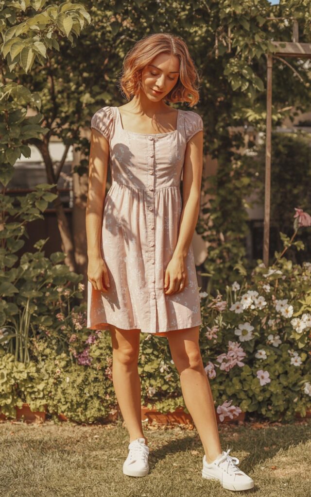 A natural-looking young woman wearing a button-front sundress styled with casual sneakers. Theme girly summer outfits