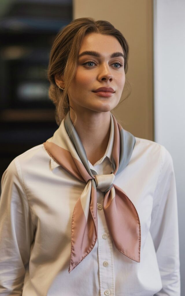 A natural-looking young woman wearing a button-up shirt accessorized with a silk scarf. Theme business casual outfits
