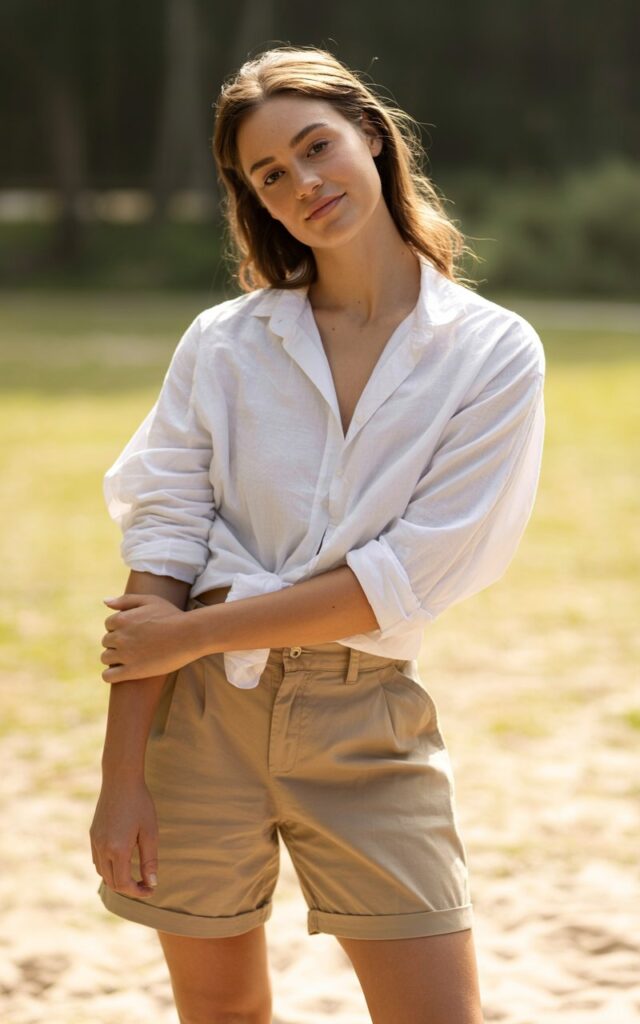 A natural-looking young woman wearing a button-up shirt over Bermuda shorts. Theme shorts outfits