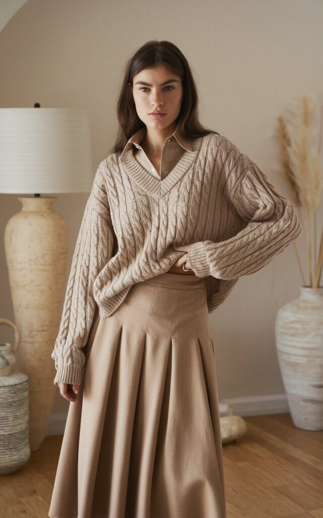 A natural-looking young woman wearing a cable-knit sweater styled with a midi skirt. Theme thanksgiving outfit