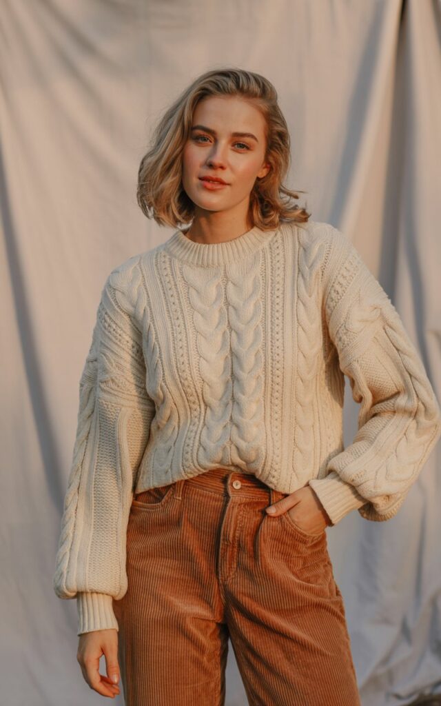 A natural-looking young woman wearing a cable knit sweater with corduroy pants. Theme winter fashion outfits