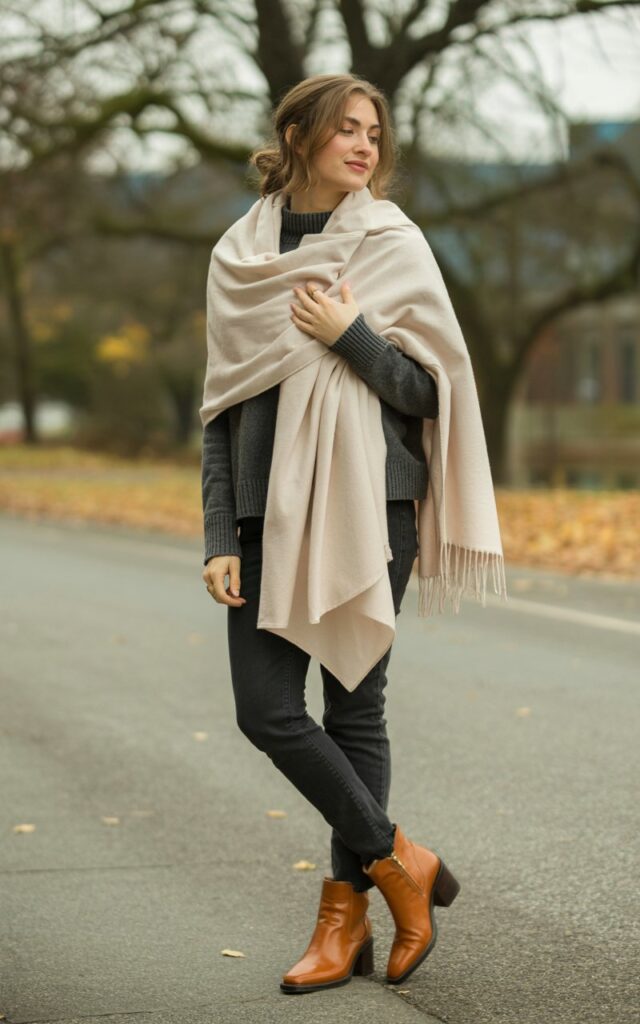 A natural-looking young woman wearing a cashmere scarf styled with basic layers and polished boots. Theme cold weather outfits