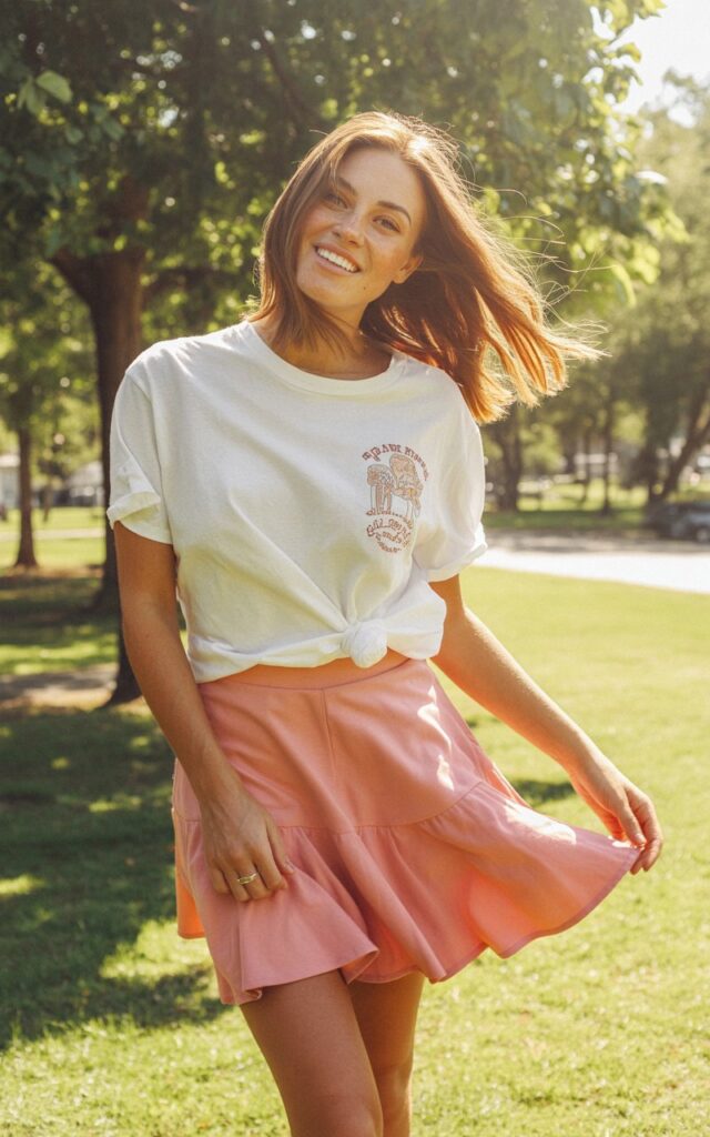 A natural-looking young woman wearing a casual graphic tee paired with a flared skirt. Theme cute summer outfits
