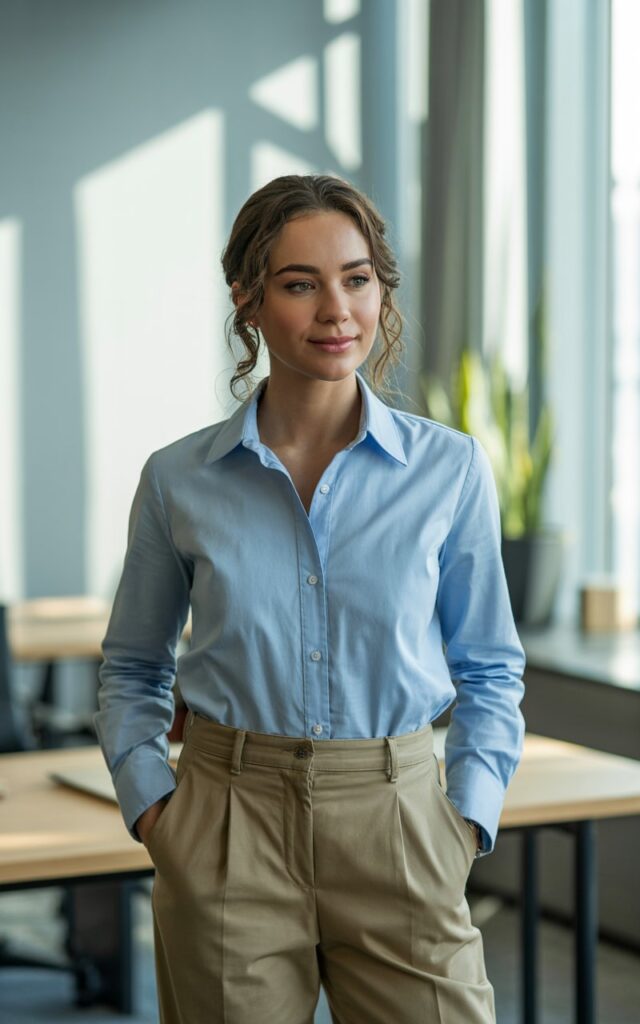 A natural-looking young woman wearing a chambray shirt paired with khaki trousers. Theme business casual outfits