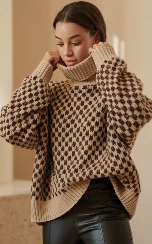 A natural-looking young woman wearing a chunky turtleneck styled with faux leather leggings. Theme thanksgiving outfit